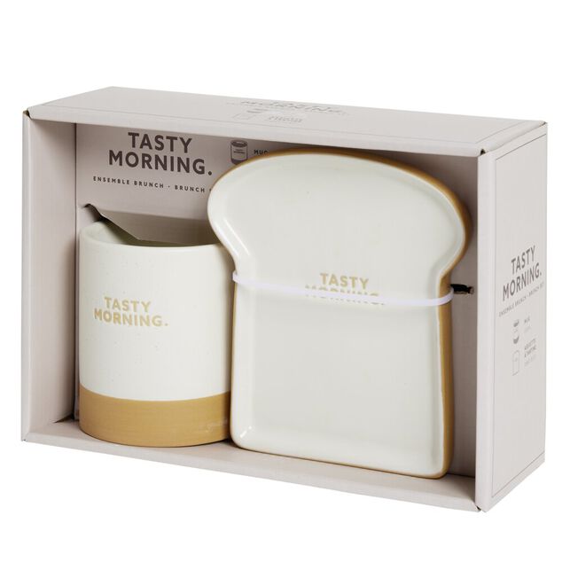 Coffret mug Ø8,5xH9,5cm avec coupelle forme tartine en céramique 13,5x15cm