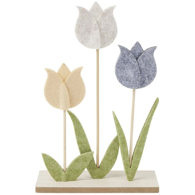 D&eacute;coration &agrave; poser fleur tulipe feutrine et bois 17,5xH26cm