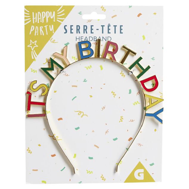 Serre-t&ecirc;te anniversaire It's my birthday dor&eacute; ou multicolore