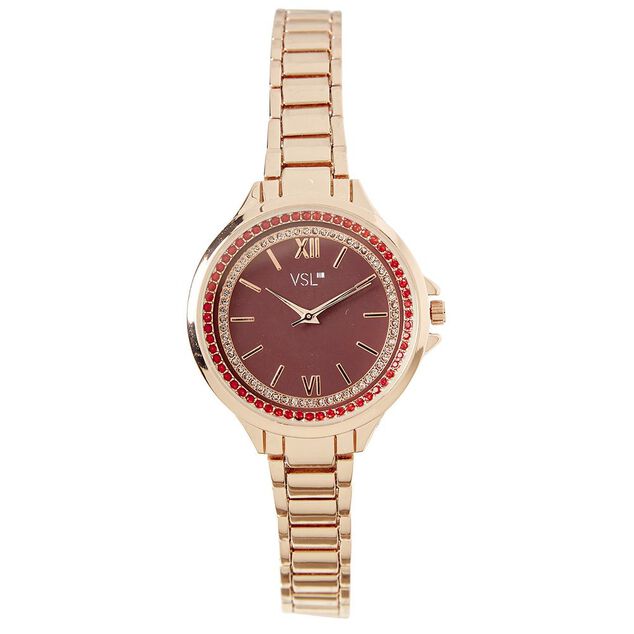 Montre &agrave; cadran rond bordeaux avec strass bracelet dor&eacute;