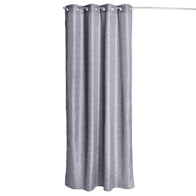 Rideau &agrave; oeillets effet lin gris motif g&eacute;om&eacute;trique blanc 140x240cm
