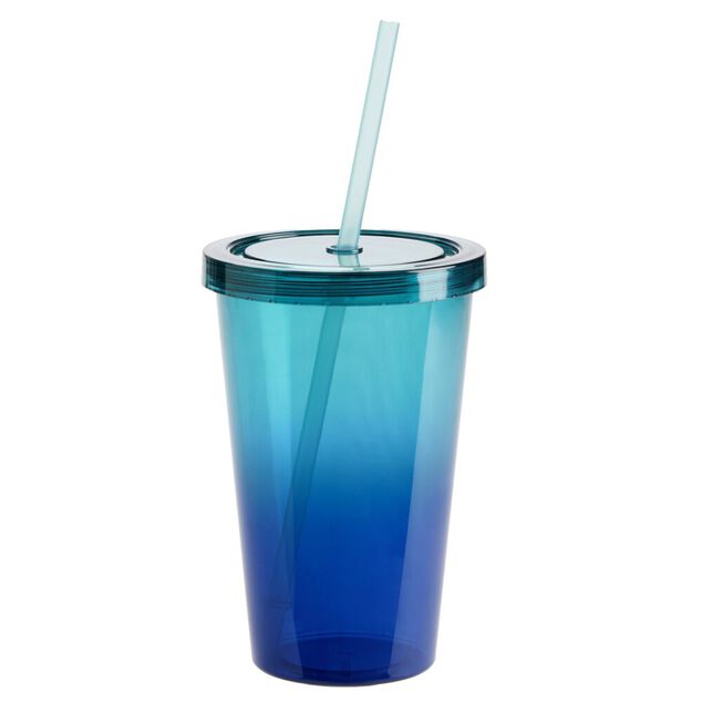 Gobelet plastique avec paille et couvercle d&eacute;grad&eacute; bleu 550ml