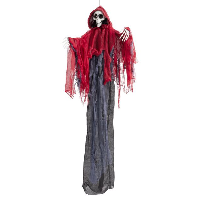 Fant&ocirc;me Halloween &agrave; suspendre son et lumi&egrave;re tissu rouge et noir 98x12xH165cm