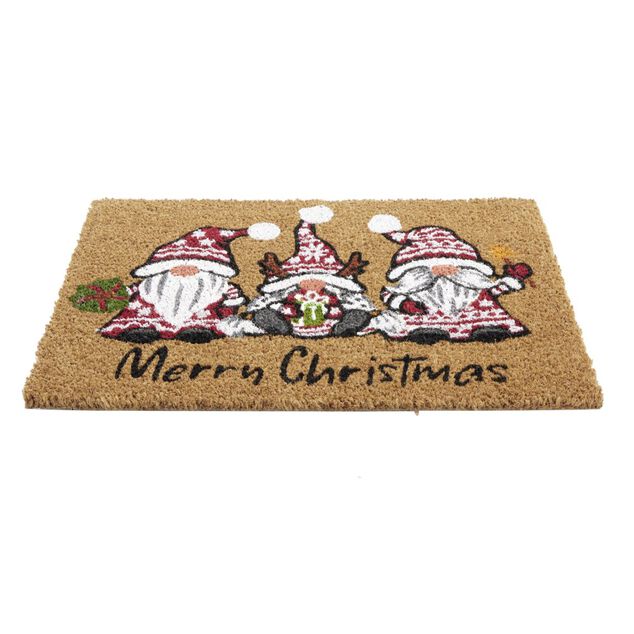 Tapis d'entr&eacute;e No&euml;l rectangulaire coco motifs nains de jardin 40x60cm