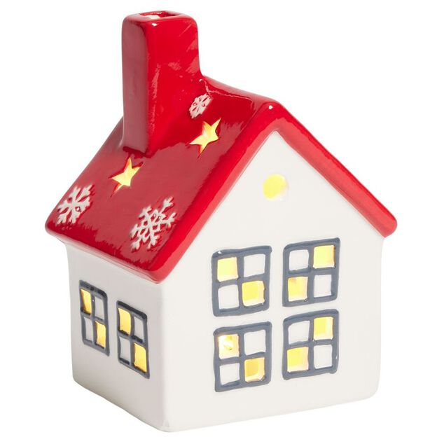 Maisonnette lumineuse 1LED c&eacute;ramique rouge et blanc H12cm
