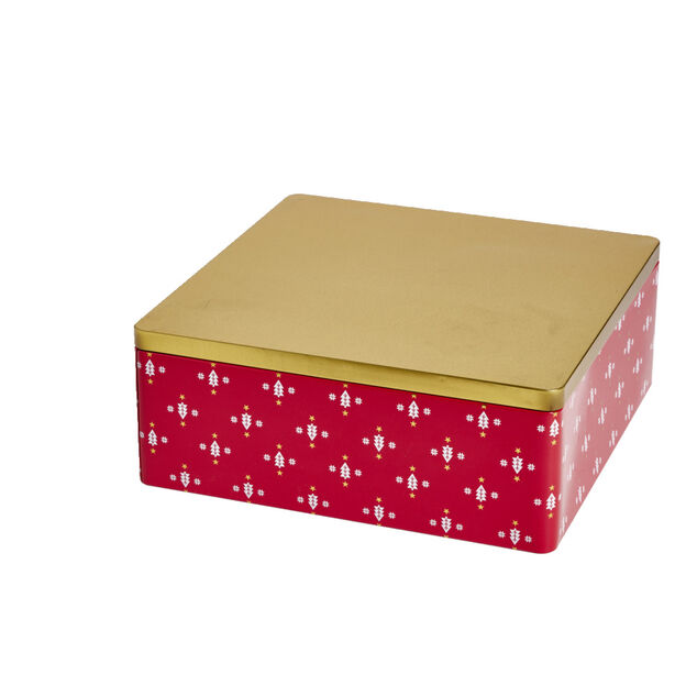 Boîte alimentaire carrée motif Noël métal rouge et dorée 26x26xH10cm