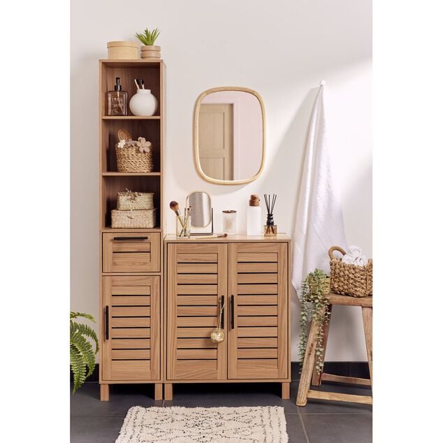 Colonne salle de bain en bois L&eacute;on 5 cases 1 porte 1 tiroir 30x30xH160cm