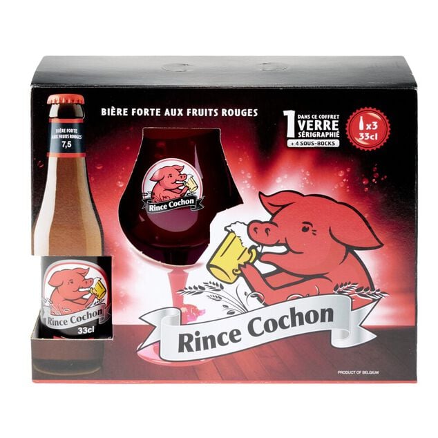 Coffret bi&egrave;re Rince Cochon fruits rouges x3 bouteilles 33cl + 1 verre