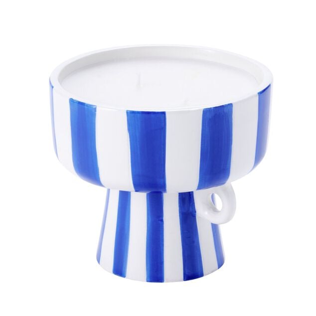 Bougie parfum&eacute;e pot c&eacute;ramique &agrave; rayures &Oslash;10xH9,5cm (2 mod&egrave;les)