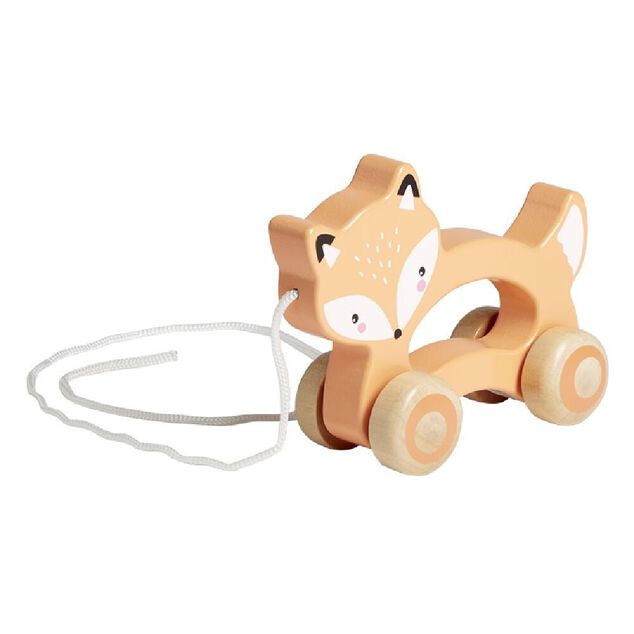 Animal &agrave; roulettes renard en bois orange H12cm