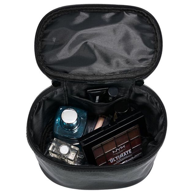 Trousse de toilette noire &agrave; pompons 17x12xH14cm