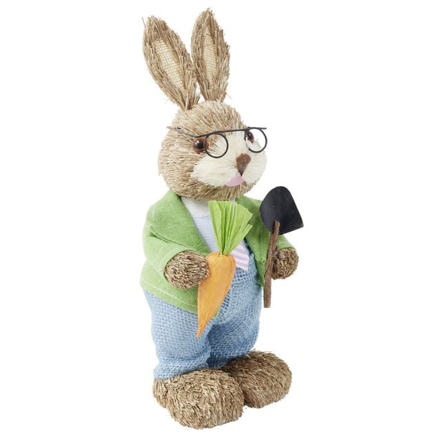 D&eacute;coration &agrave; poser lapin fermier en paille avec accessoires H32cm (2 mod&egrave;les)