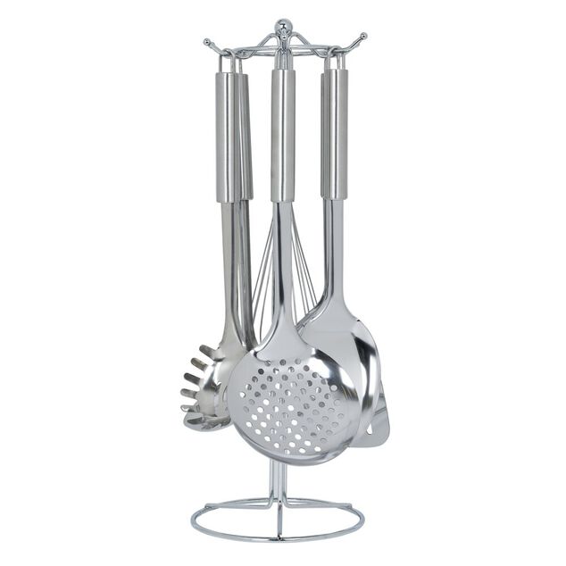 Set de 6 ustensiles de cuisine avec support inox gris &Oslash;16xH40,5cm