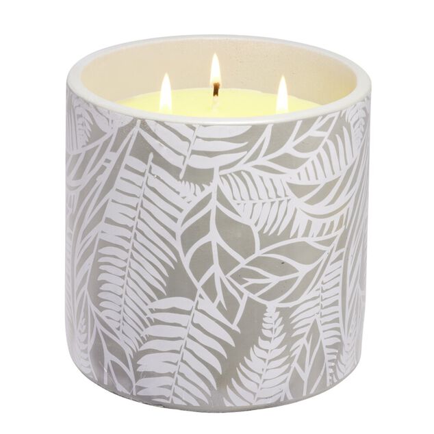 Bougie citronnelle dans pot de ciment imprim&eacute; feuillage