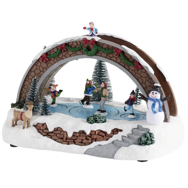 Village de No&euml;l anim&eacute; LED sc&egrave;ne lac et pont 26,5x16xH18,5cm
