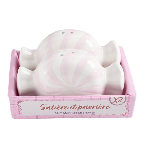 Sali&egrave;re et poivri&egrave;re forme bonbon dolomite rose et blanc 10,5x5,5xH8cm