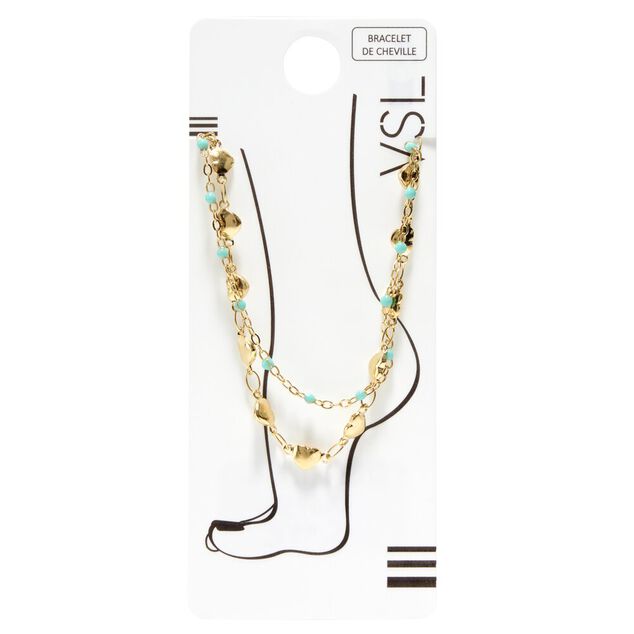 Cha&icirc;ne de cheville dor&eacute; 2 rangs avec coeurs