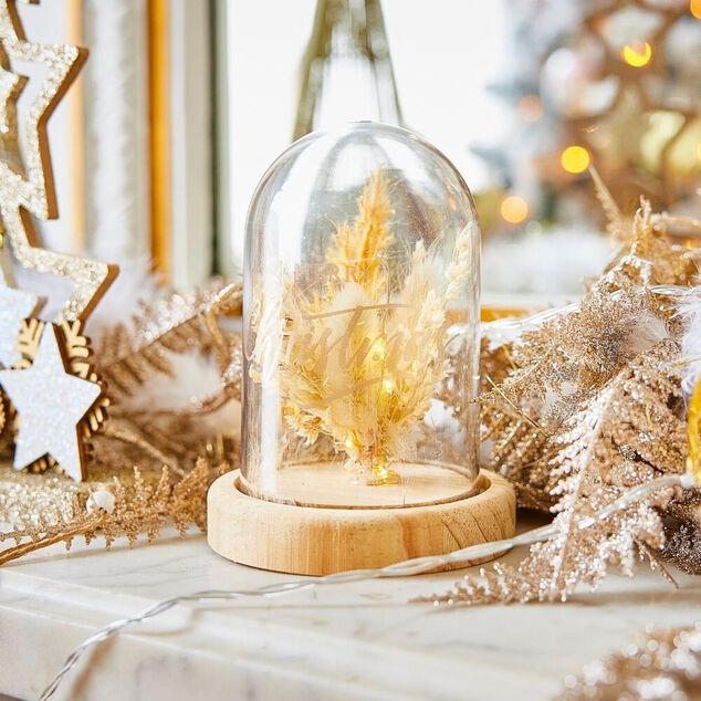 Dôme lumineux à poser fleur pailletée dorée Ø9xH11cm