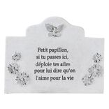 Plaque fun&eacute;raire + pot de fleur motif fleur papillon r&eacute;sine blanc