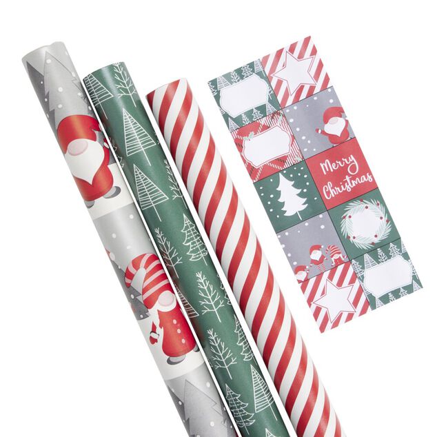 Papier cadeau No&euml;l rouleau x3 avec 20 &eacute;tiquettes autocollantes traditionnel