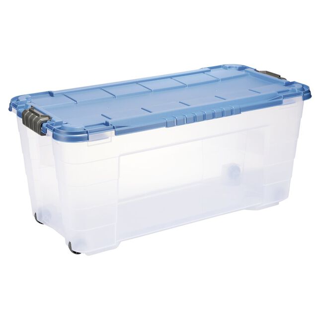 Box de rangement 80L plastique transparent 4 roues couvercle malin bleu 79x39xH36cm