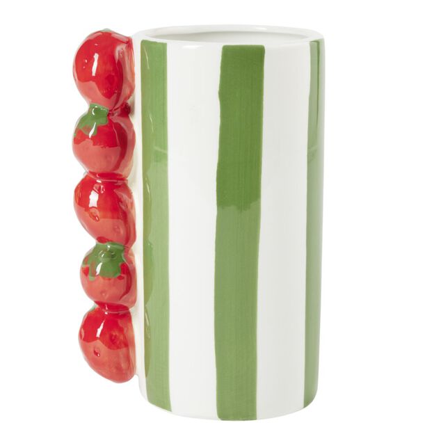 Vase bayad&egrave;re c&eacute;ramique rayures color&eacute;es anse fruits &Oslash;10xH20cm