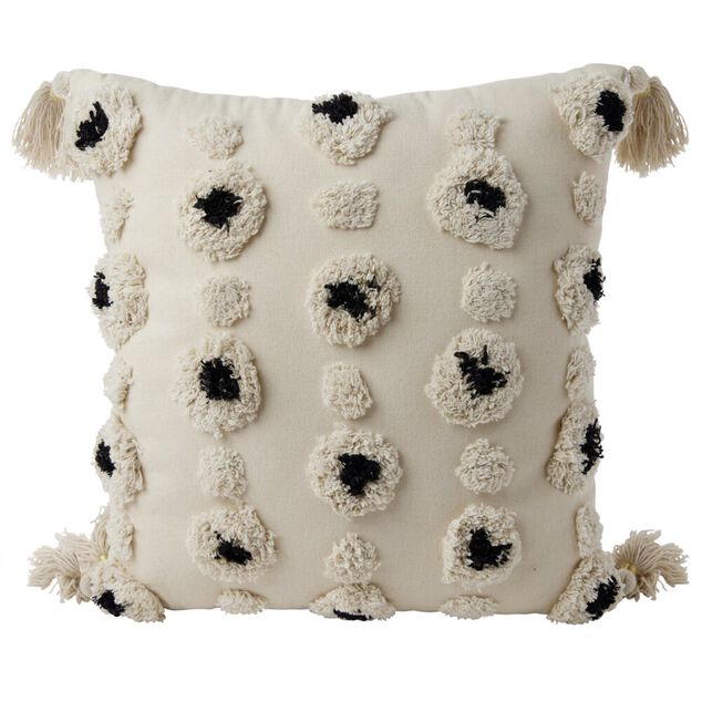 Coussin d&eacute;co tuft&eacute; pompons beige et noir