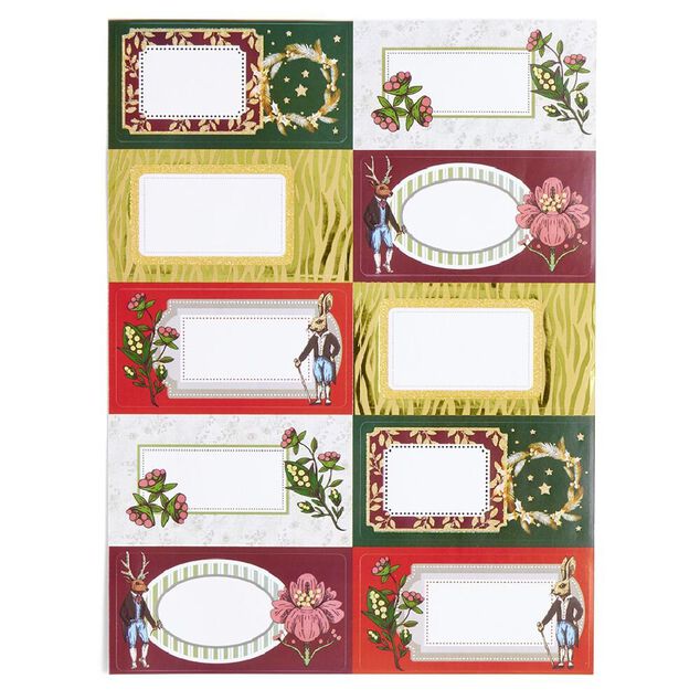 Étiquette cadeau autocollante Noël fleurs vintage lapin 4x8cm x10