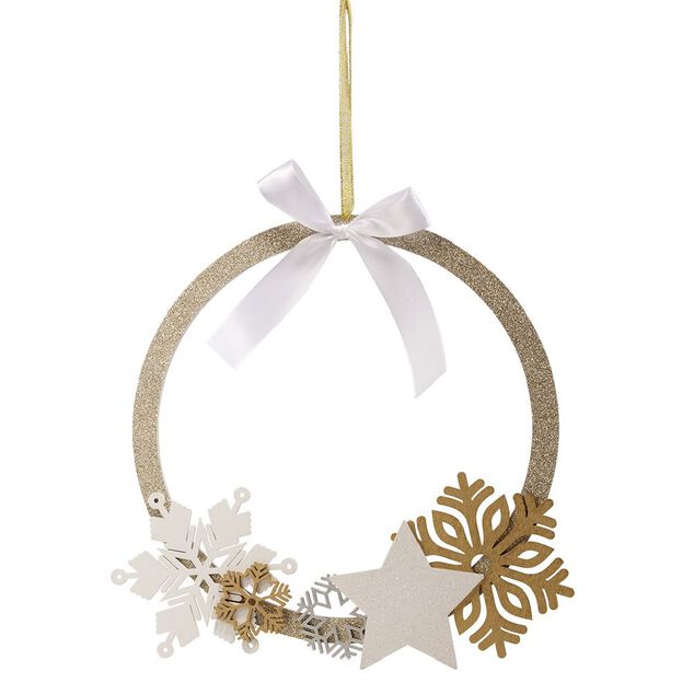 Couronne de No&euml;l en bois &eacute;toile flocon paillet&eacute; dor&eacute; et blanc &Oslash;28cm