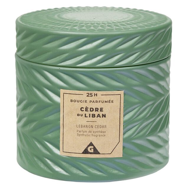 Bougie parfum&eacute;e vert design relief senteur c&egrave;dre du Liban 25H