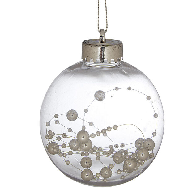 Boule de No&euml;l transparente avec perles gris argent&eacute; &oslash;8 cm