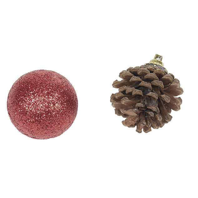 Suspension boules de No&euml;l rouges et pommes de pin