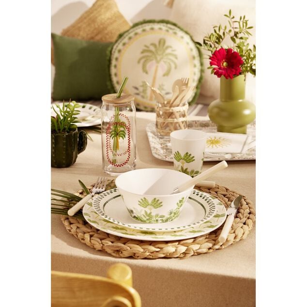 Gobelet plastique 30cl motif feuillage tropical blanc et vert &Oslash;8xH9,5cm