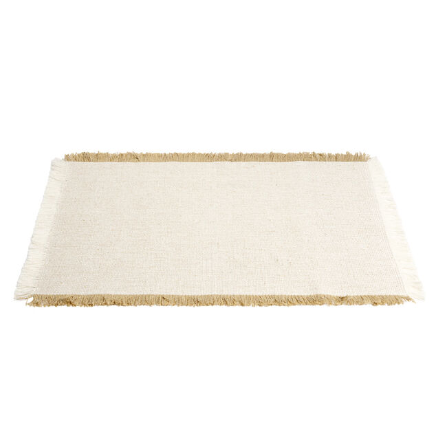 Set de table rectangulaire tissu beige et marron &agrave; frange