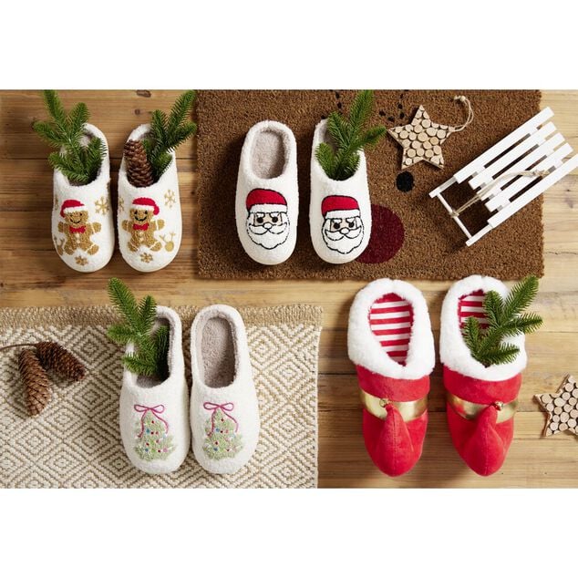 Chaussons femme molleton motif bonhomme pain d'&eacute;pices blanc et marron (3 tailles)