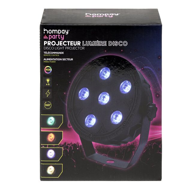 Projecteur de lumi&egrave;re disco rond 6LED RGB 360&deg; avec t&eacute;l&eacute;commande H14cm