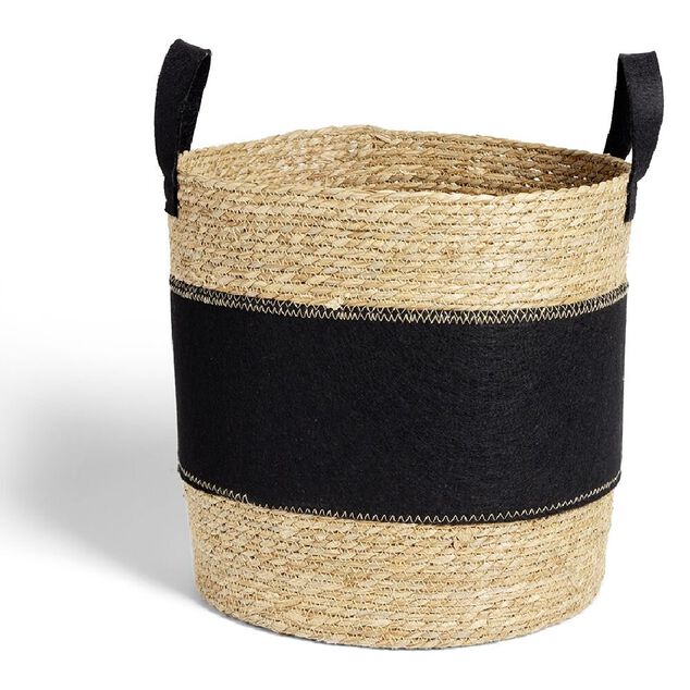 Panier &agrave; linge 52L jonc de mer et feutrine noir &Oslash;37xH38cm