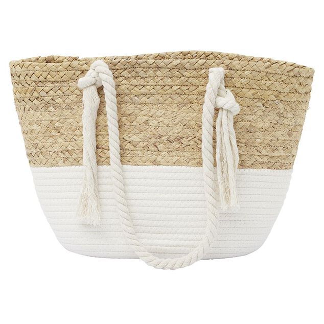 Panier de plage jacinthe d'eau tress&eacute;e beige et cr&egrave;me 48x15xH27cm