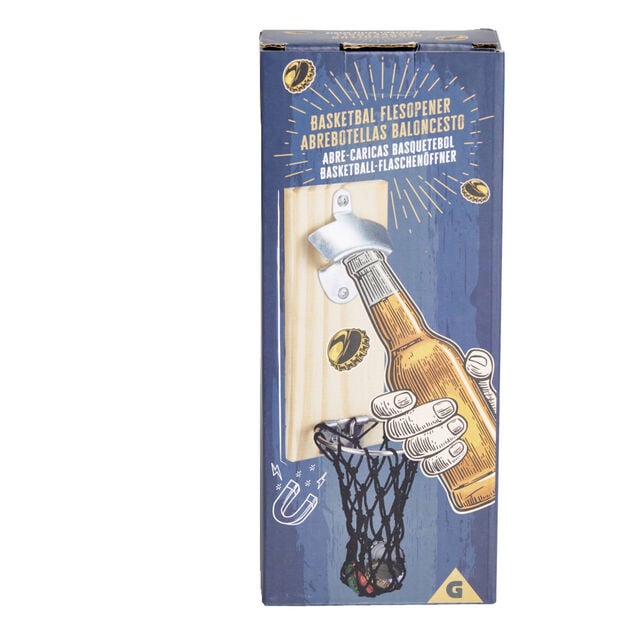 D&eacute;capsuleur mural basketball en bois 8x5xH20cm