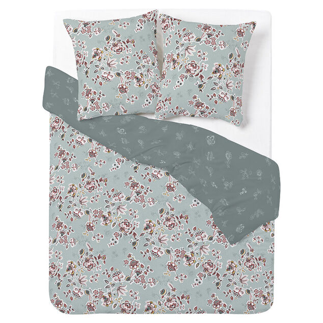 Parure de lit 2 personnes 240x220cm r&eacute;versible motif floral vert et rose