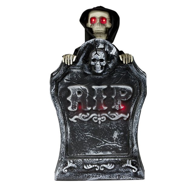 D&eacute;coration Halloween pierre tombale squelette son et lumi&egrave;re plastique noir H39cm