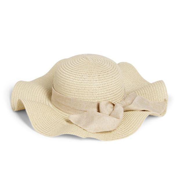 Capeline ondul&eacute;e beige ruban floral papier &Oslash;40cm