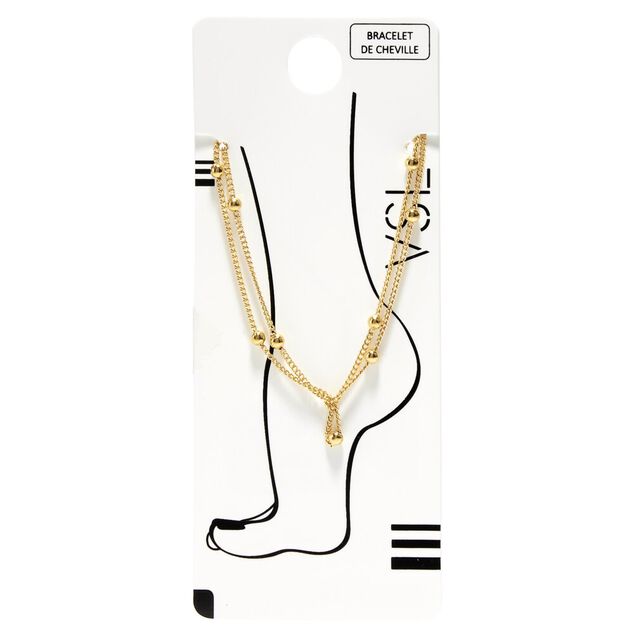 Cha&icirc;ne de cheville 2 rangs avec petites boules m&eacute;tal dor&eacute;