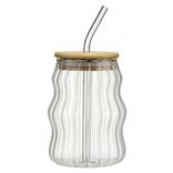 Gobelet en verre 54cl effet vague avec paille et couvercle bambou &Oslash;9xH13cm