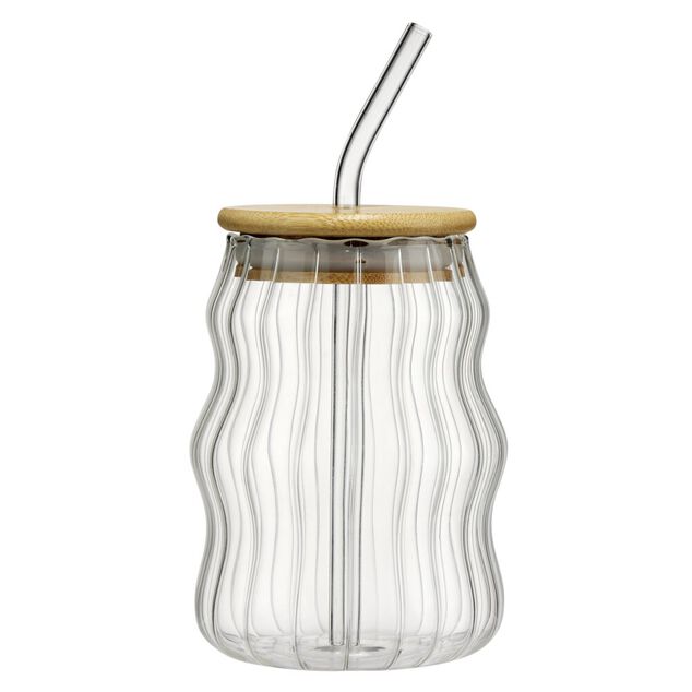 Gobelet en verre 54cl effet vague avec paille et couvercle bambou &Oslash;9xH13cm