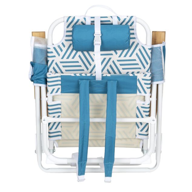Chaise de plage pliante poign&eacute;es bambou poches lat&eacute;rales blanc et bleu 66x58xH81cm