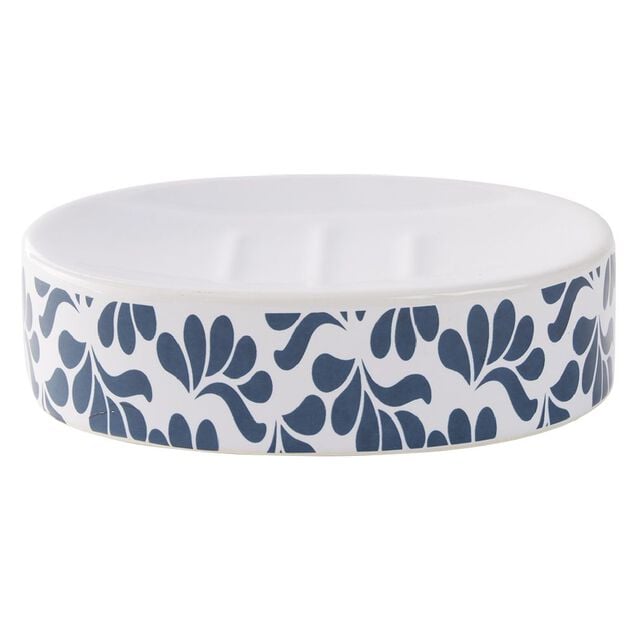 Porte-savon c&eacute;ramique motif v&eacute;g&eacute;tal blanc et bleu 13x8,5xH3cm