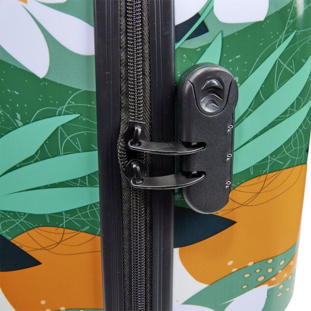 Valise cabine 64L trolley plastique ABS motif tropical avec cadenas 44x26xH67cm