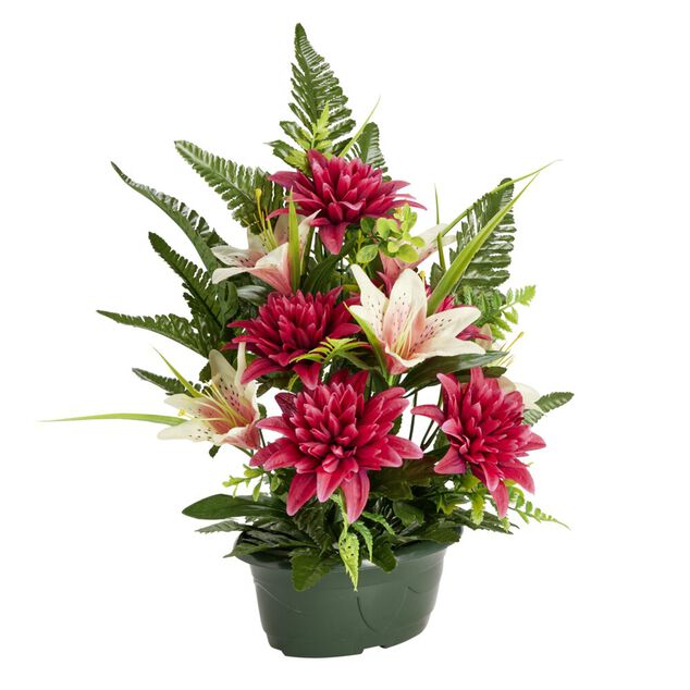 Composition florale artificielle dahlias et lys rouges jardini&egrave;re L37xH45cm