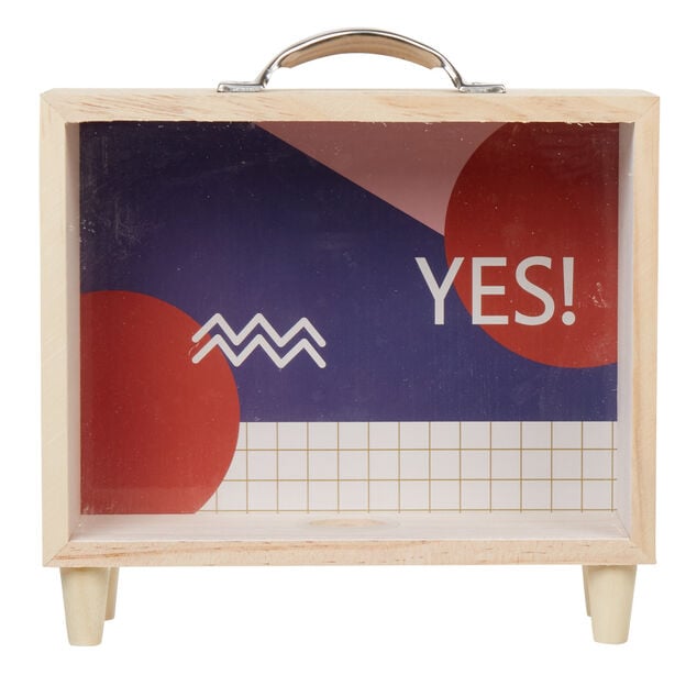 Tirelire bois bleu et blanc motif rond rouge inscription Yes